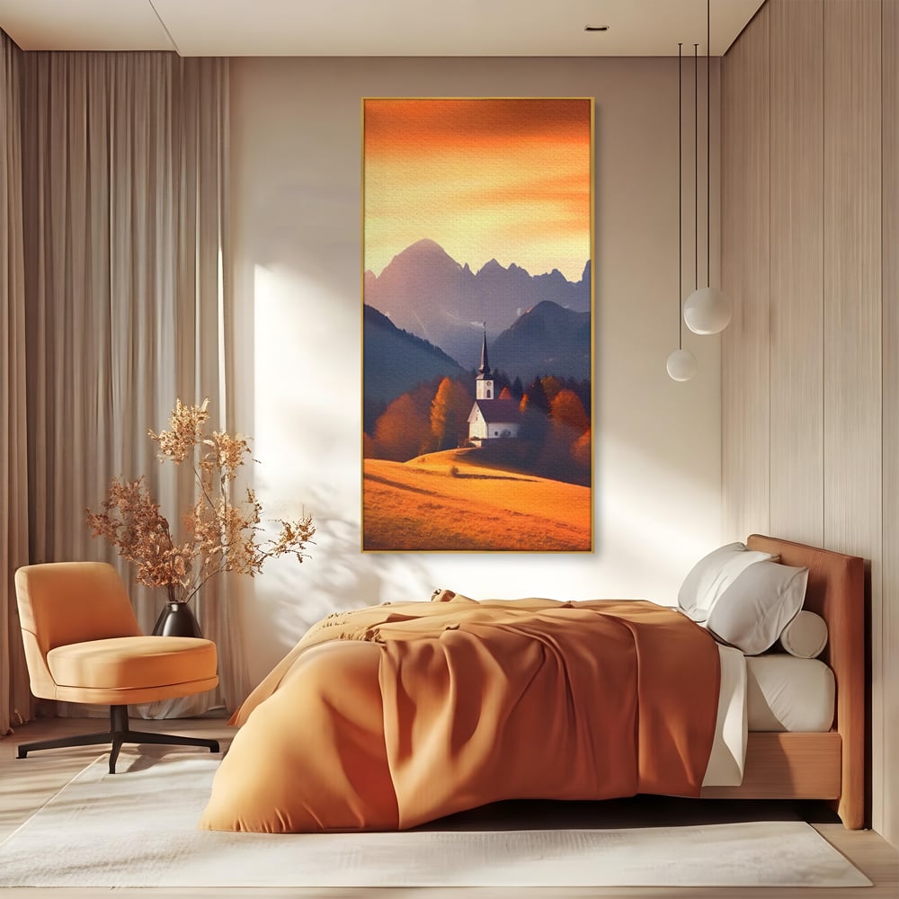 Tablou canvas cu tablou canvas cu biserica la apus, in rama de aluminiu auriu, pe perete intr-un dormitor